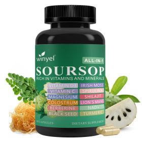 Soursop supplement containing 20 herbal extracts including seaweed, lion's mane mushroom, turmeric, black seed oil, oregano, and mullein