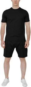 Men's Pure Color Casual Suits Loose Version Sport Suits Short Sleeve T-Shirt + Shorts Two Sets (Color: Black-M)