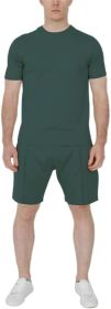 Men's Pure Color Casual Suits Loose Version Sport Suits Short Sleeve T-Shirt + Shorts Two Sets (Color: DARK GREEN-L)