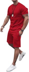 Men's 2 Piece Short Sets Outfits Round Collar Suit Solid Color Casual Track Suits (Color: RED-L)