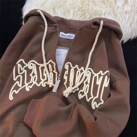 Letter Print Hoodies Women Autumn Harajuku Hip Hop Zip Up Hooded Sweatshirts Fashion Punk Sports Jacket Streetwear Y2K Clothes (Color: Brown, size: 2XL)