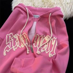 Letter Print Hoodies Women Autumn Harajuku Hip Hop Zip Up Hooded Sweatshirts Fashion Punk Sports Jacket Streetwear Y2K Clothes (Color: Rosa, size: XL)