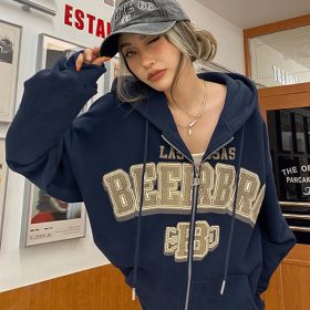 Letter Print Hoodies Women Autumn Harajuku Hip Hop Zip Up Hooded Sweatshirts Fashion Punk Sports Jacket Streetwear Y2K Clothes (Color: EA00423-Dark blue, size: M)