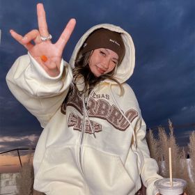 Letter Print Hoodies Women Autumn Harajuku Hip Hop Zip Up Hooded Sweatshirts Fashion Punk Sports Jacket Streetwear Y2K Clothes (Color: EA00423-Apricot, size: 2XL)
