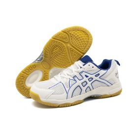 Men's and women's new fashion fashion comfortable badminton shoes anti-slip wear men's sports shoes table tennis shoes (Color: White and blue, size: 37)
