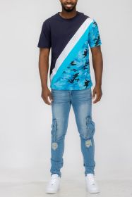 SHORT SLEEVE CAMO COLOR BLOCK TSHIRT (Color: NAVY, size: S)