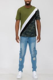 SHORT SLEEVE CAMO COLOR BLOCK TSHIRT (Color: OLIVE, size: 2XL)