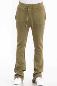 Mens Solid Fleece Flare Stacked PANTS (Color: OLIVE, size: 30)