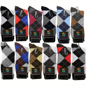 3/6/12 Pairs of Men's Cotton Diamond Striped Solid Color Ribbed Socks, with Random Style and Color (Quantity: 6 Pairs)