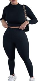 2 Piece Outfits Sexy Bodycon Long Sleeve Crop Top with Long Pants Tracksuit Set (Color: Black, size: M)