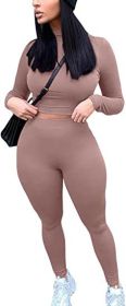 2 Piece Outfits Sexy Bodycon Long Sleeve Crop Top with Long Pants Tracksuit Set (Color: Beige, size: M)